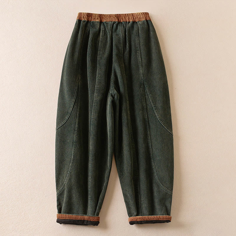 Nimara Ritual Color Contrast Corduroy Cotton Women's Thermal Fleece-Lined Harem Pants With Pockets