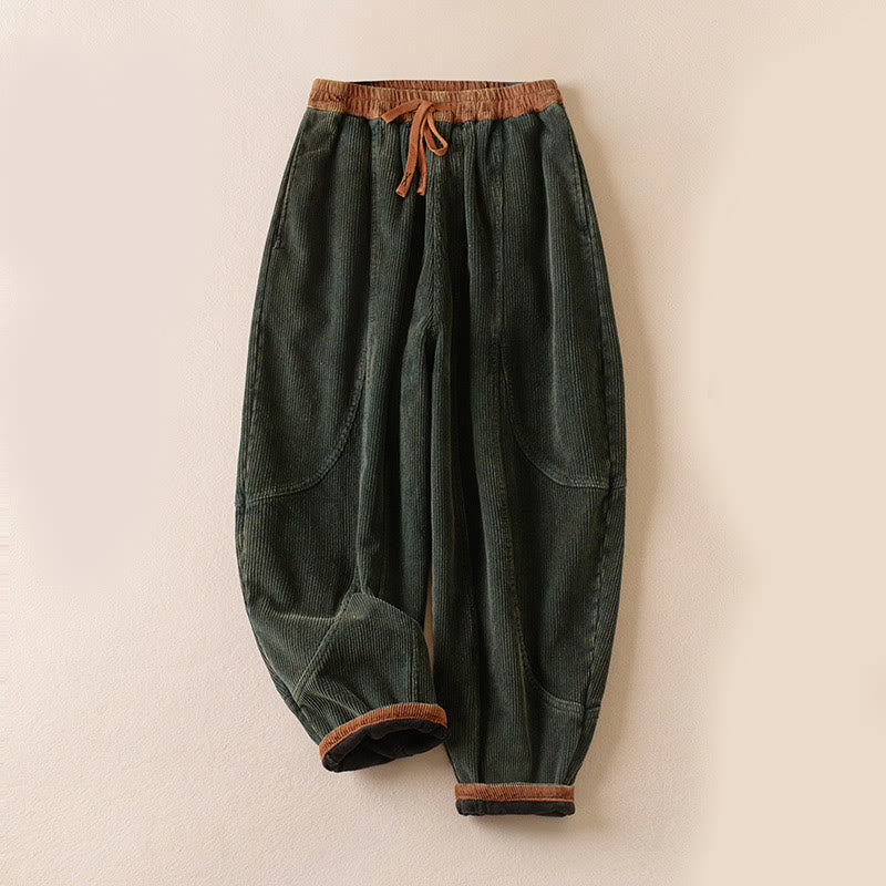 Nimara Ritual Color Contrast Corduroy Cotton Women's Thermal Fleece-Lined Harem Pants With Pockets