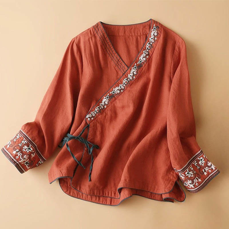 Nimara Ritual Casual Embroidered Flowers Slant Collar Strap Long Sleeve Women's Shirt