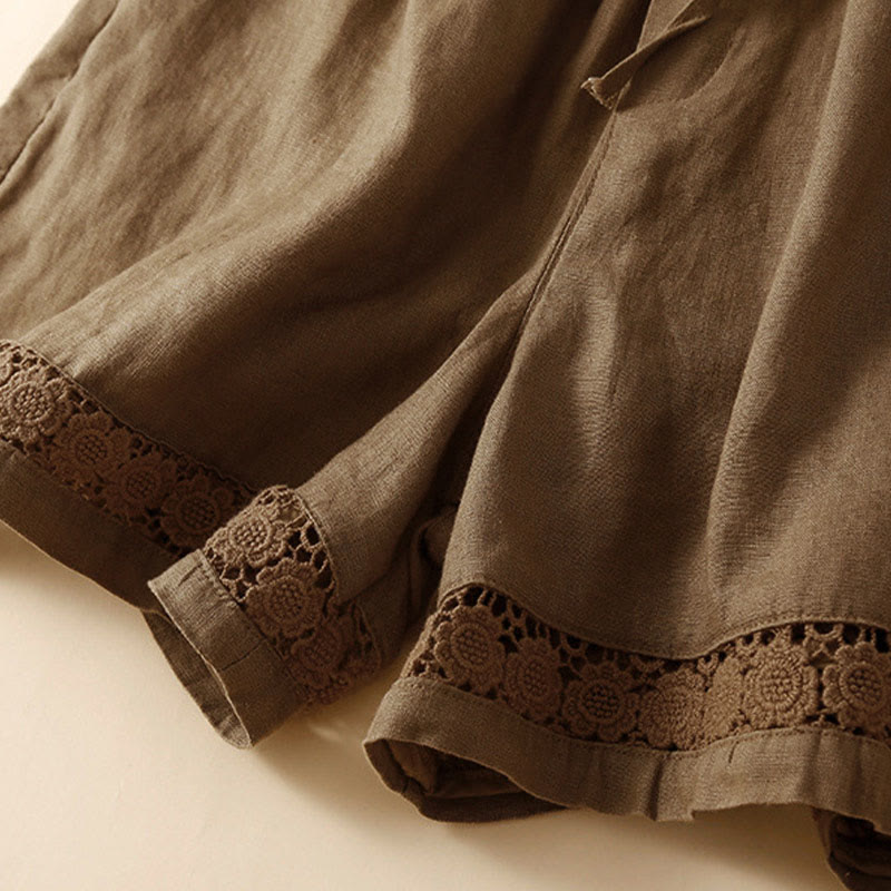 Nimara Ritual Plain Color Bottom Hollow Lace Design Lace-up Cotton Women's Shorts With Pockets