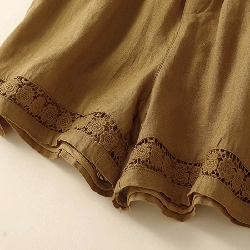 Nimara Ritual Plain Color Bottom Hollow Lace Design Lace-up Cotton Women's Shorts With Pockets