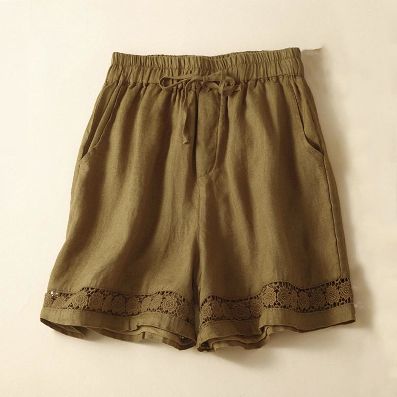 Nimara Ritual Plain Color Bottom Hollow Lace Design Lace-up Cotton Women's Shorts With Pockets