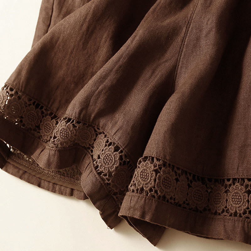 Nimara Ritual Plain Color Bottom Hollow Lace Design Lace-up Cotton Women's Shorts With Pockets