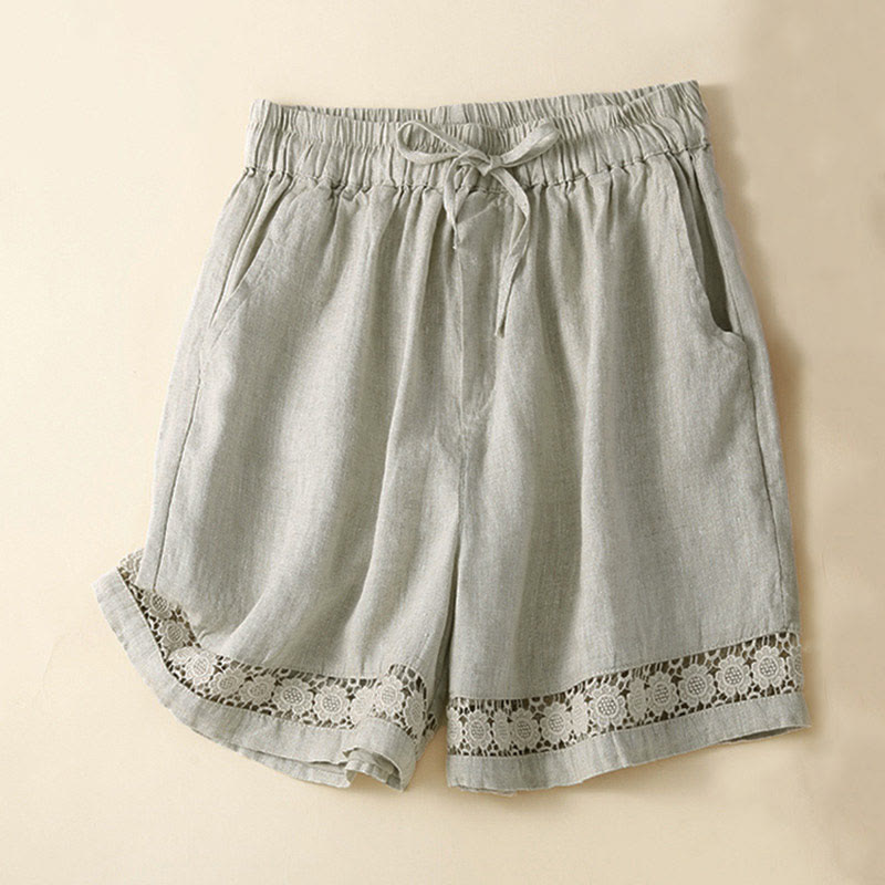Nimara Ritual Plain Color Bottom Hollow Lace Design Lace-up Cotton Women's Shorts With Pockets