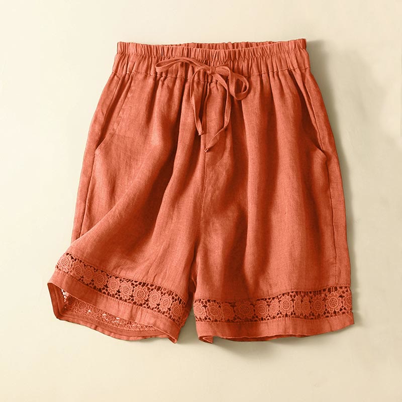 Nimara Ritual Plain Color Bottom Hollow Lace Design Lace-up Cotton Women's Shorts With Pockets