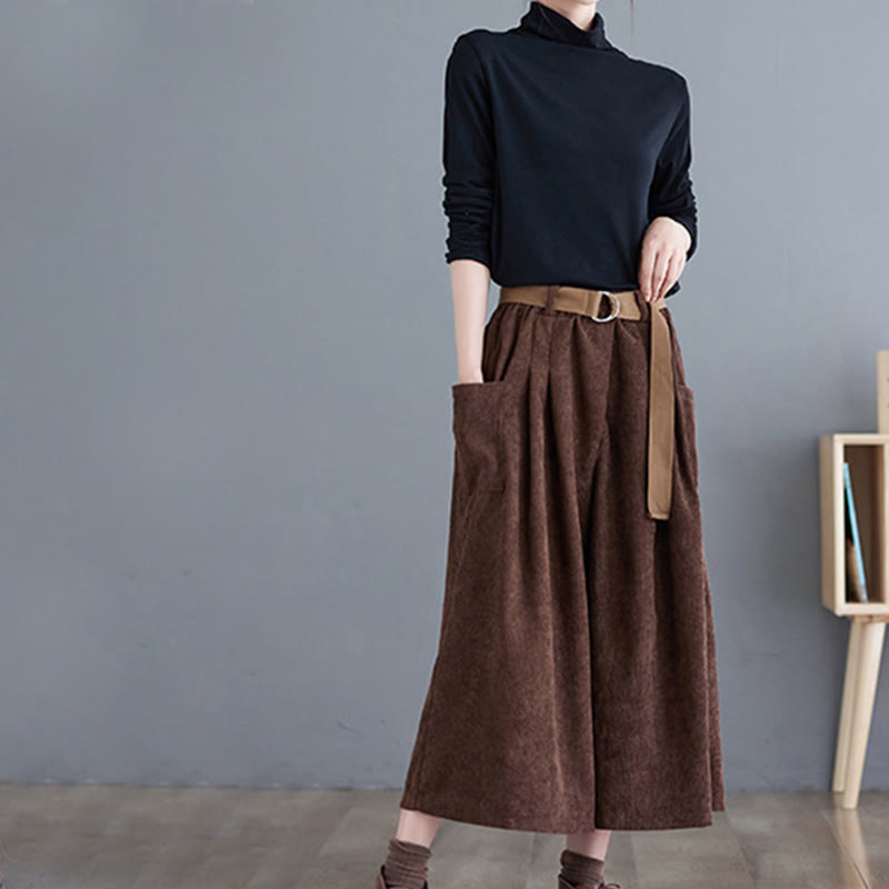 Nimara Ritual Retro Women's Wide Leg 7-8 Length Corduroy Pants With Pockets Belt