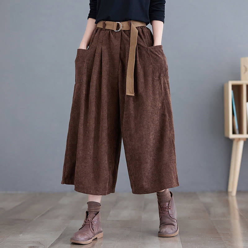 Nimara Ritual Retro Women's Wide Leg 7-8 Length Corduroy Pants With Pockets Belt