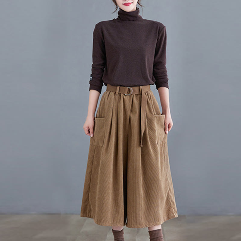 Nimara Ritual Retro Women's Wide Leg 7-8 Length Corduroy Pants With Pockets Belt