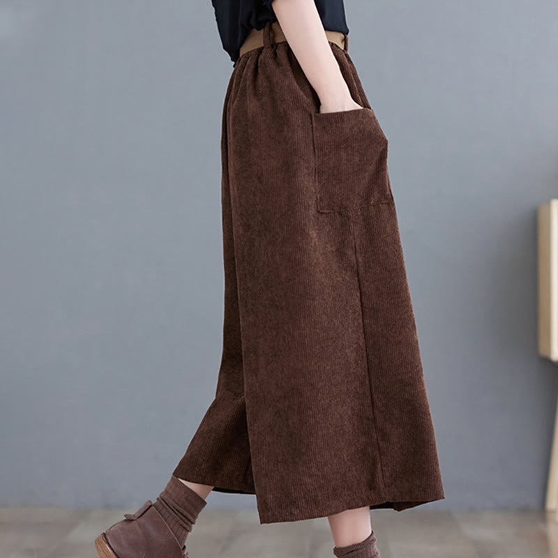 Nimara Ritual Retro Women's Wide Leg 7-8 Length Corduroy Pants With Pockets Belt