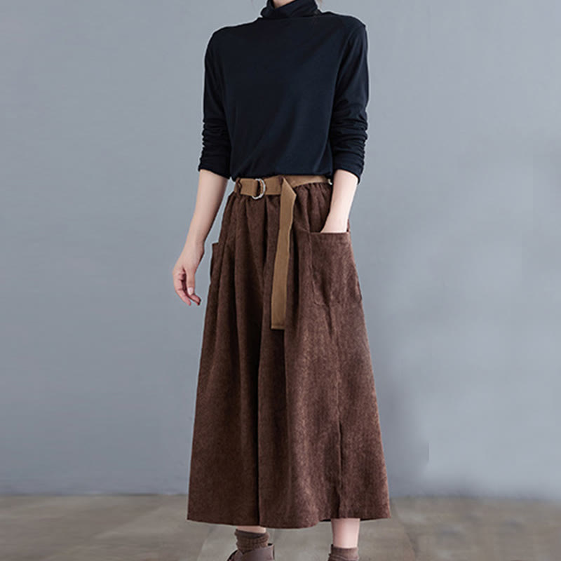 Nimara Ritual Retro Women's Wide Leg 7-8 Length Corduroy Pants With Pockets Belt