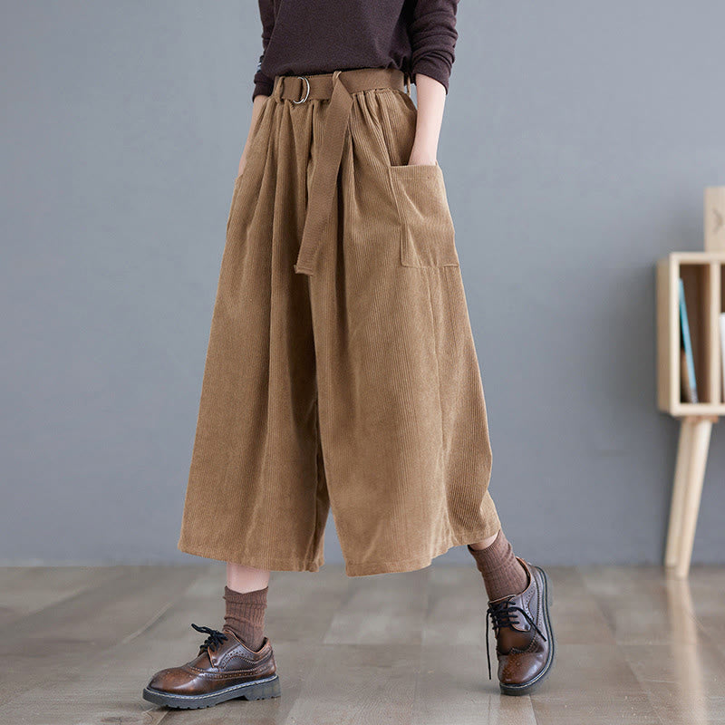 Nimara Ritual Retro Women's Wide Leg 7-8 Length Corduroy Pants With Pockets Belt