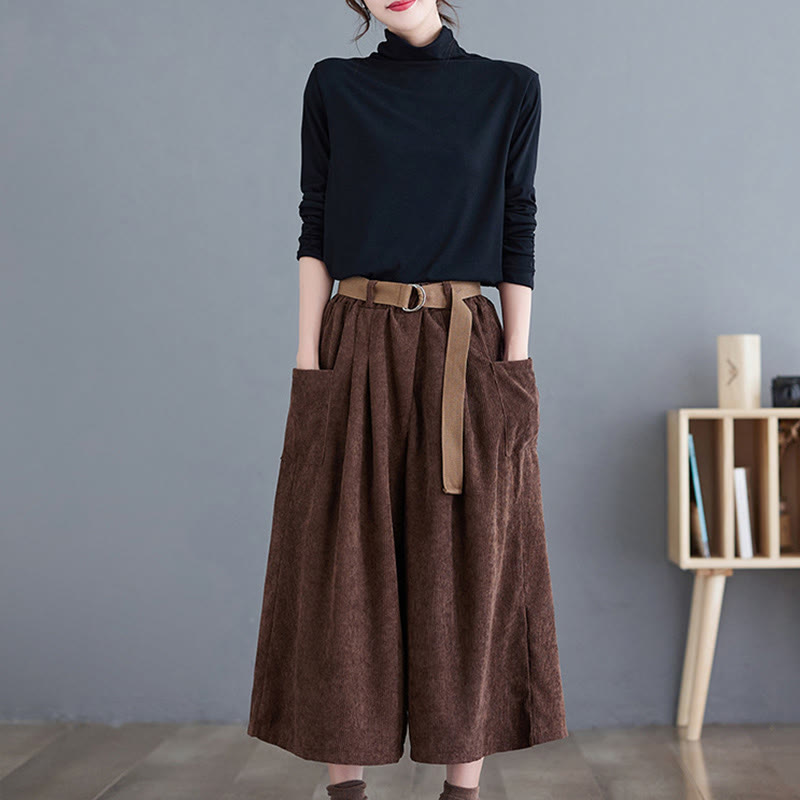 Nimara Ritual Retro Women's Wide Leg 7-8 Length Corduroy Pants With Pockets Belt