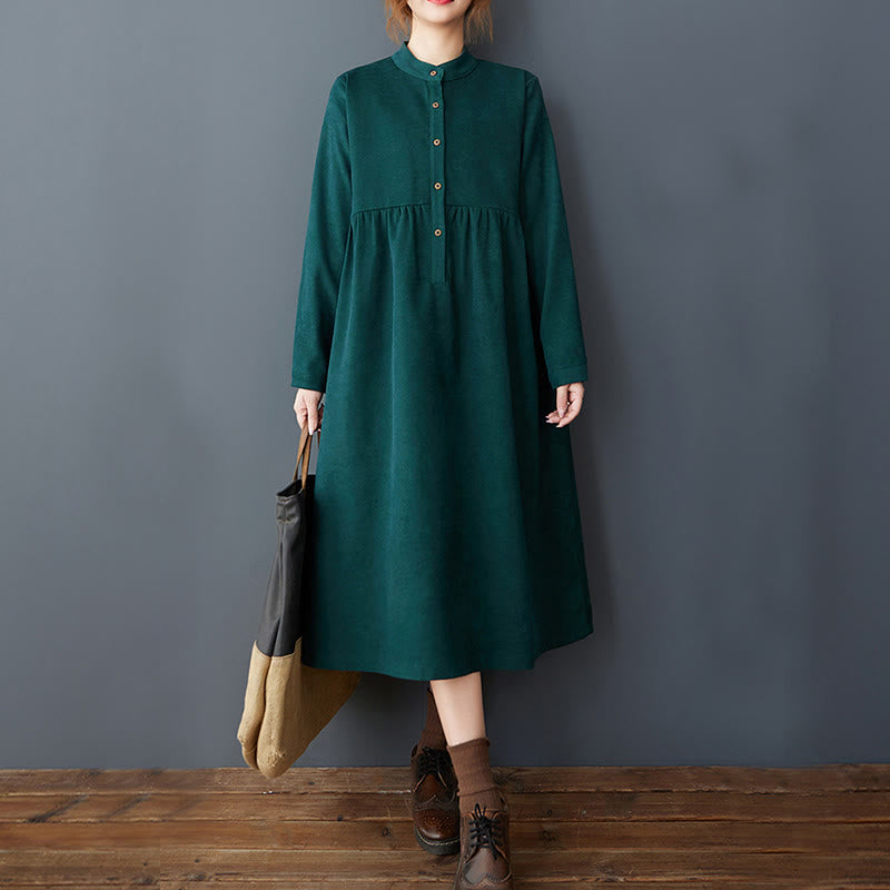 Nimara Ritual Plain Buttons Design Thermal Long Sleeve Midi Dress With Pockets