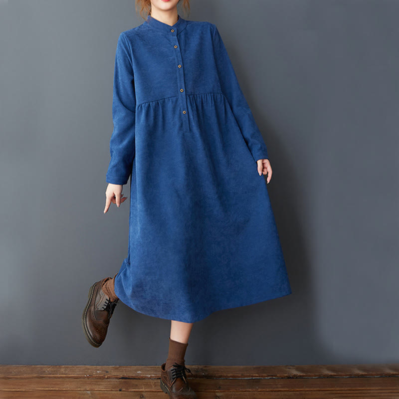 Nimara Ritual Plain Buttons Design Thermal Long Sleeve Midi Dress With Pockets