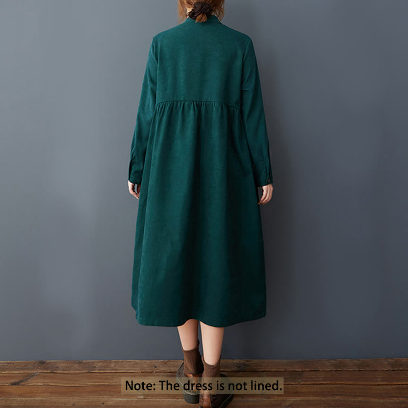 Nimara Ritual Plain Buttons Design Thermal Long Sleeve Midi Dress With Pockets