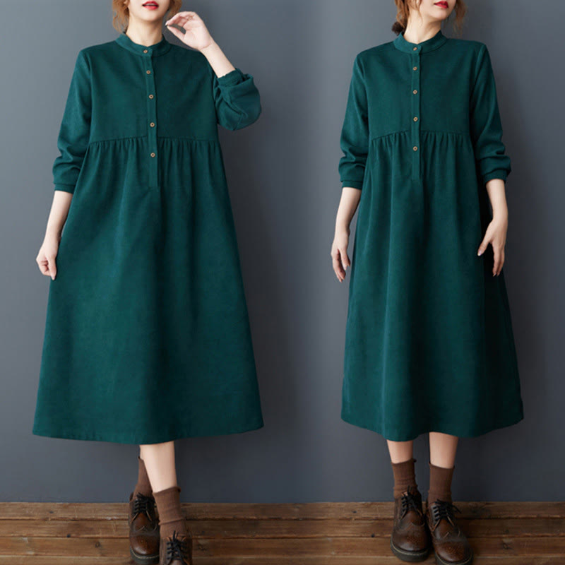 Nimara Ritual Plain Buttons Design Thermal Long Sleeve Midi Dress With Pockets