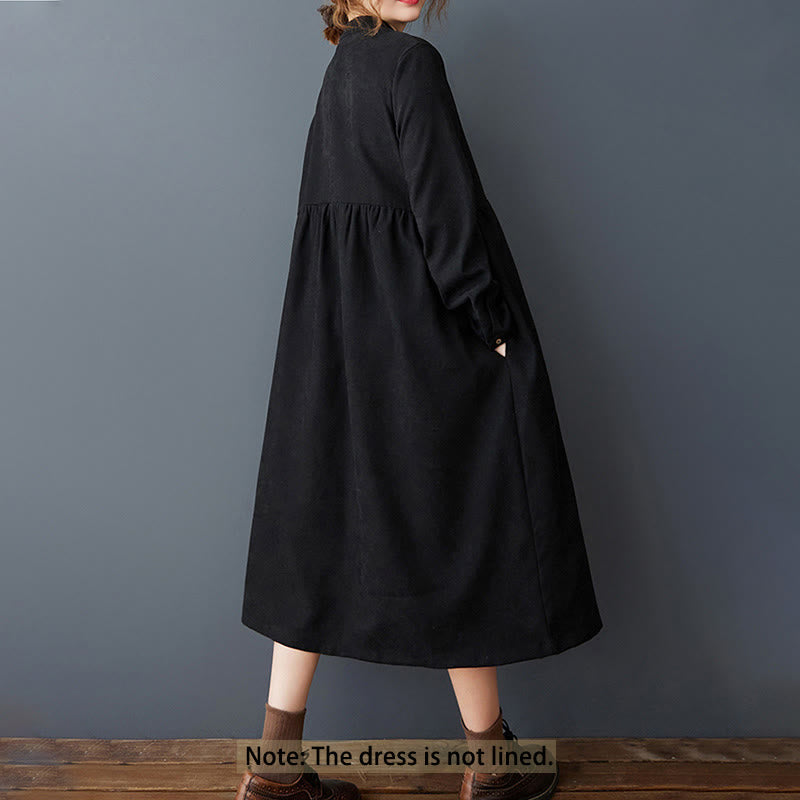 Nimara Ritual Plain Buttons Design Thermal Long Sleeve Midi Dress With Pockets