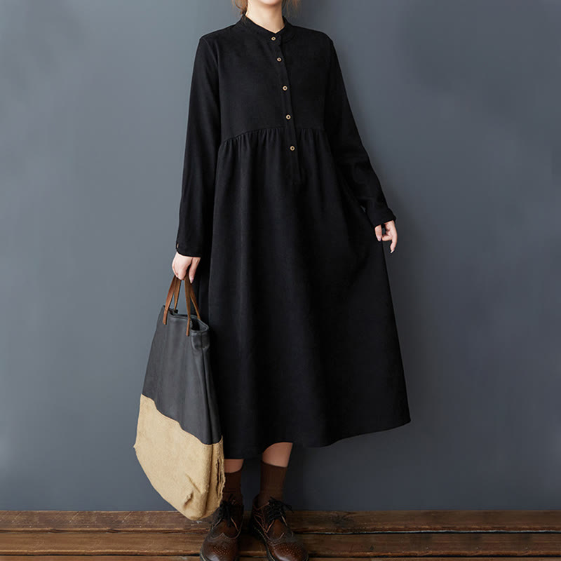 Nimara Ritual Plain Buttons Design Thermal Long Sleeve Midi Dress With Pockets
