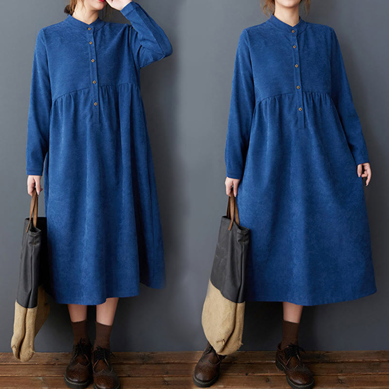 Nimara Ritual Plain Buttons Design Thermal Long Sleeve Midi Dress With Pockets