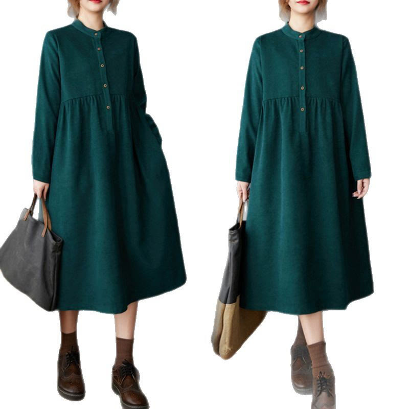 Nimara Ritual Plain Buttons Design Thermal Long Sleeve Midi Dress With Pockets