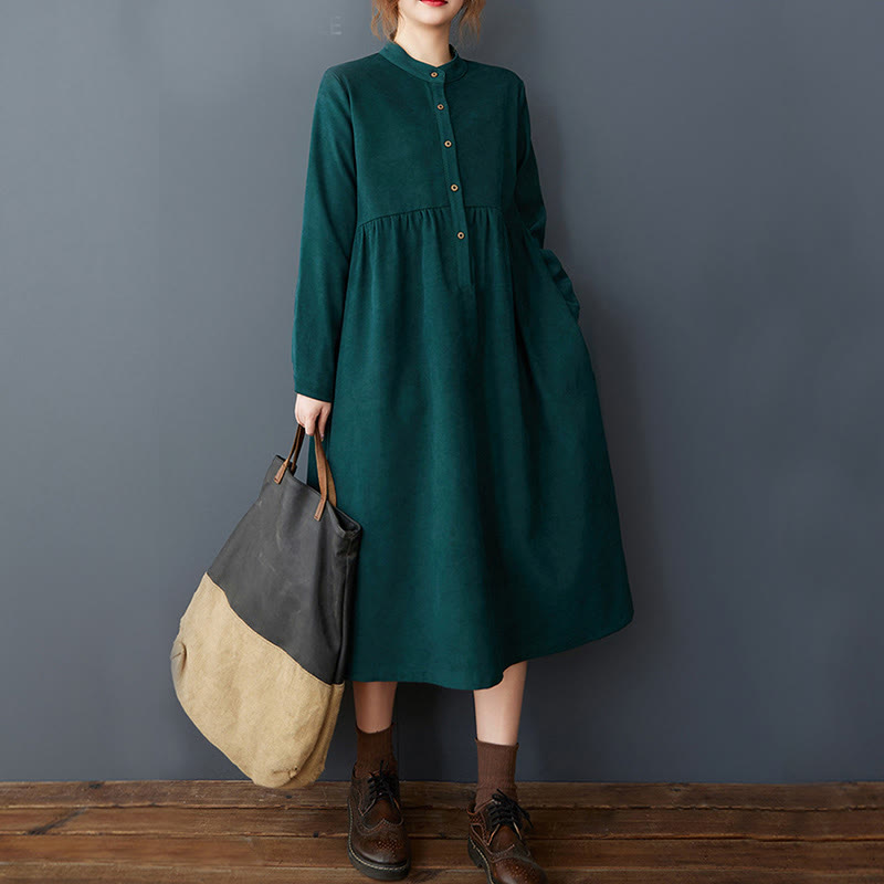 Nimara Ritual Plain Buttons Design Thermal Long Sleeve Midi Dress With Pockets