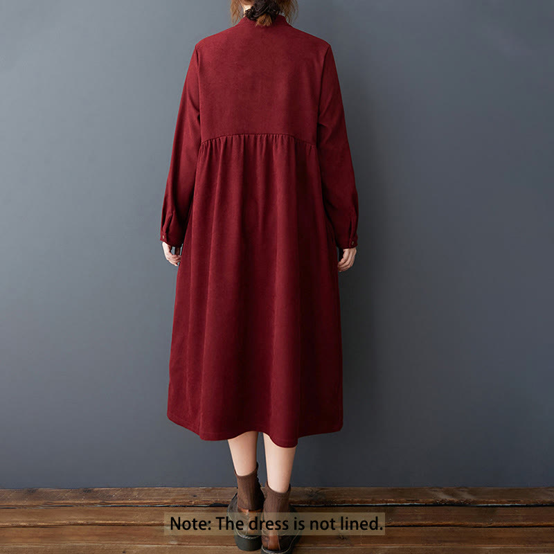Nimara Ritual Plain Buttons Design Thermal Long Sleeve Midi Dress With Pockets