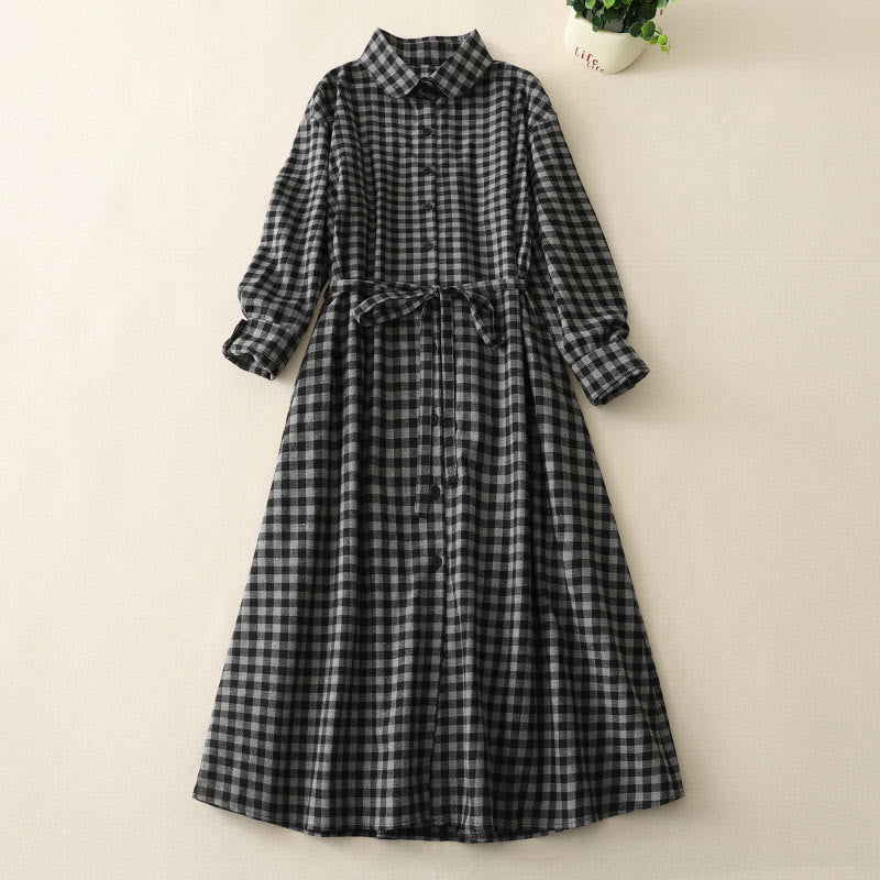 Nimara Ritual Black Lace-Up Design Plaid Lapel Long Sleeve Cotton Linen Midi Dress With Pockets