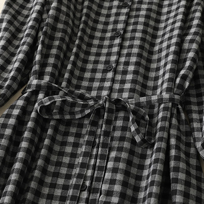 Nimara Ritual Black Lace-Up Design Plaid Lapel Long Sleeve Cotton Linen Midi Dress With Pockets