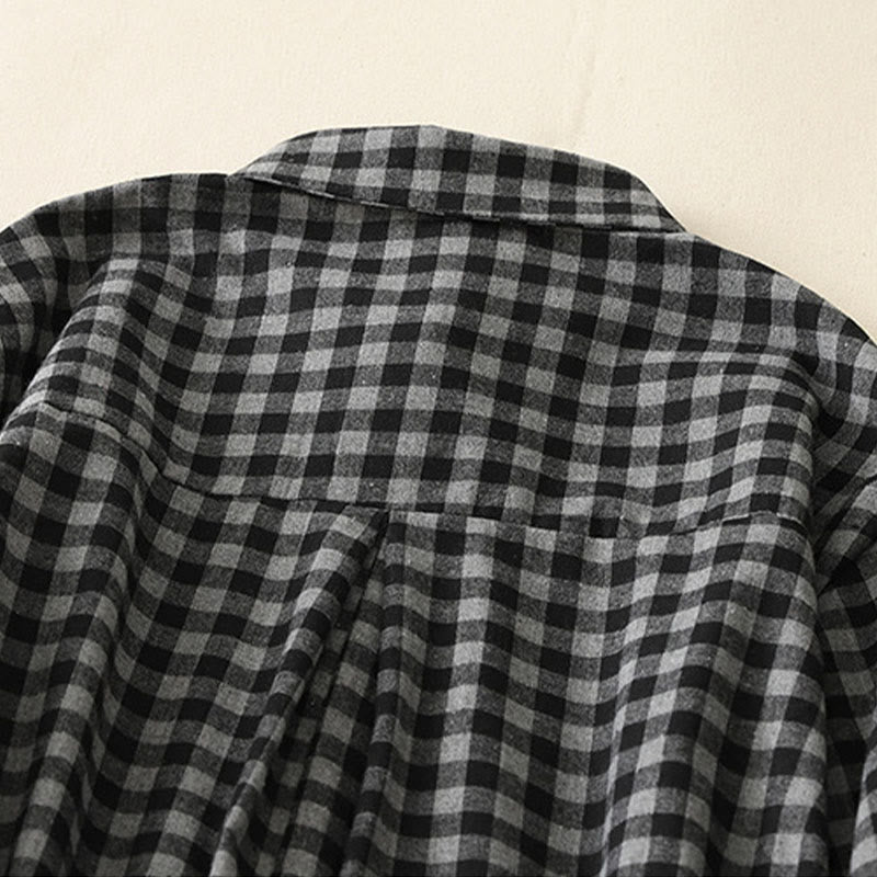Nimara Ritual Black Lace-Up Design Plaid Lapel Long Sleeve Cotton Linen Midi Dress With Pockets