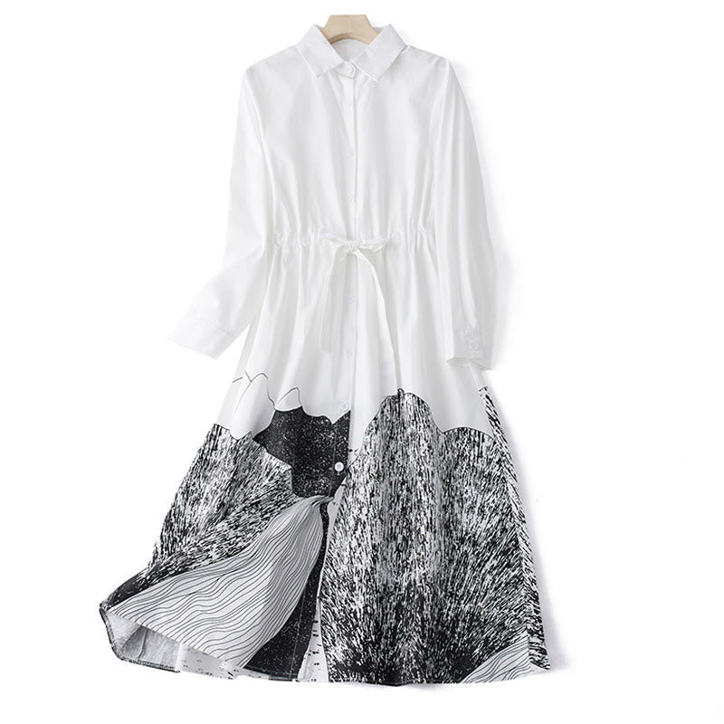 Nimara Ritual Printing Irregular Lines Long Sleeve Lace-up Lapel Cotton Midi Dress With Pockets