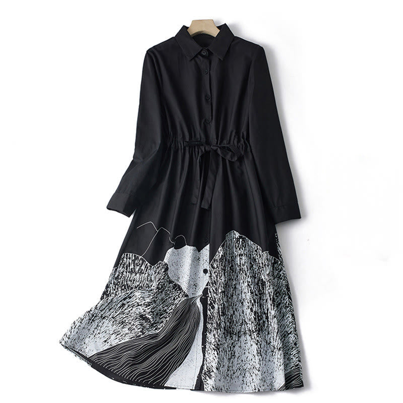 Nimara Ritual Printing Irregular Lines Long Sleeve Lace-up Lapel Cotton Midi Dress With Pockets