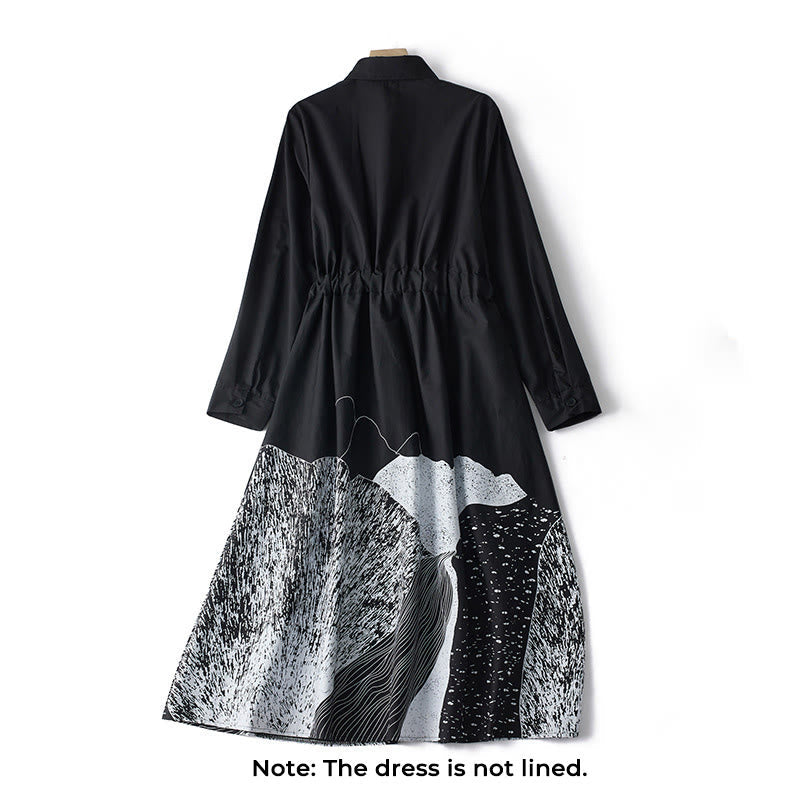 Nimara Ritual Printing Irregular Lines Long Sleeve Lace-up Lapel Cotton Midi Dress With Pockets