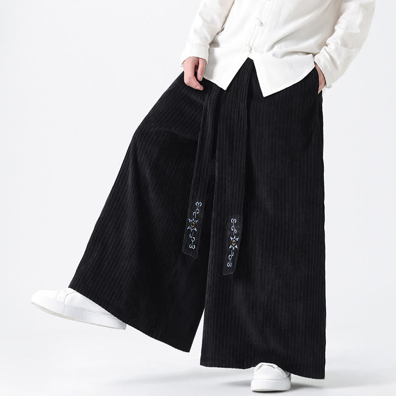 Nimara Ritual Casual Embroidery Drawstring Design Men's Corduroy Wide Leg Pants With Pockets