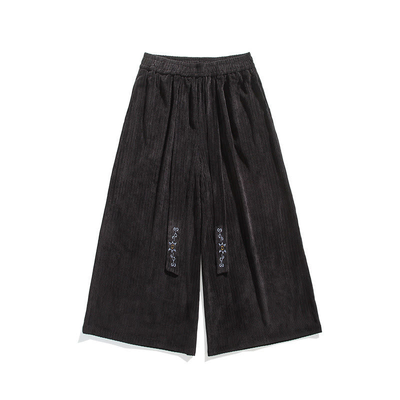 Nimara Ritual Casual Embroidery Drawstring Design Men's Corduroy Wide Leg Pants With Pockets