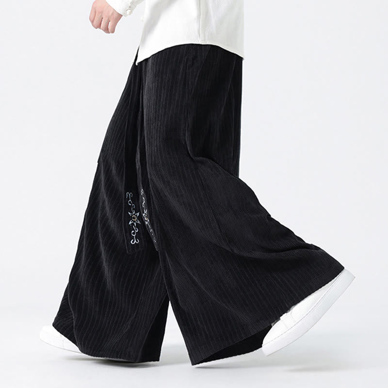 Nimara Ritual Casual Embroidery Drawstring Design Men's Corduroy Wide Leg Pants With Pockets