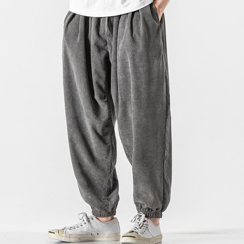 Nimara Ritual Casual Pure Color Men's Drawstring Corduroy Harem Ankle-Length Pants With Pockets