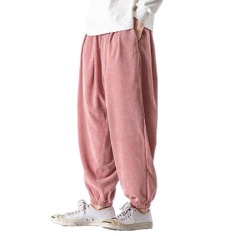 Nimara Ritual Casual Pure Color Men's Drawstring Corduroy Harem Ankle-Length Pants With Pockets