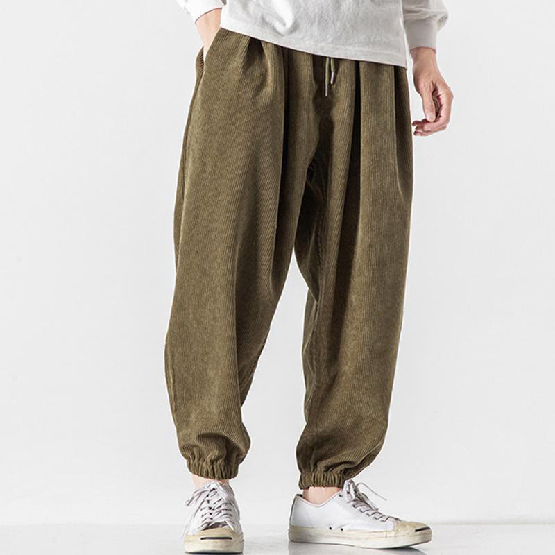 Nimara Ritual Casual Pure Color Men's Drawstring Corduroy Harem Ankle-Length Pants With Pockets