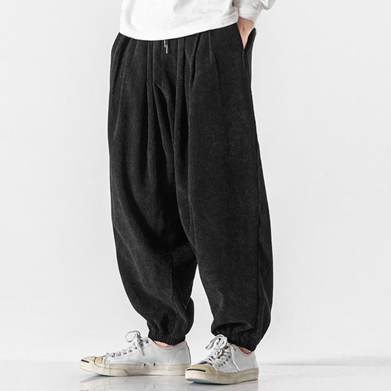 Nimara Ritual Casual Pure Color Men's Drawstring Corduroy Harem Ankle-Length Pants With Pockets