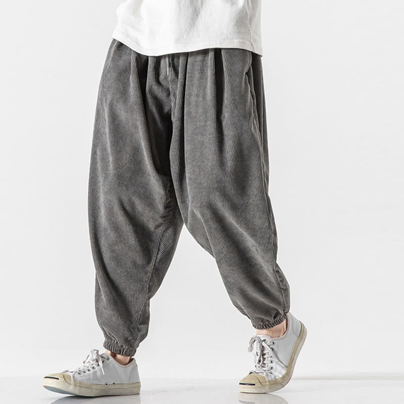 Nimara Ritual Casual Pure Color Men's Drawstring Corduroy Harem Ankle-Length Pants With Pockets