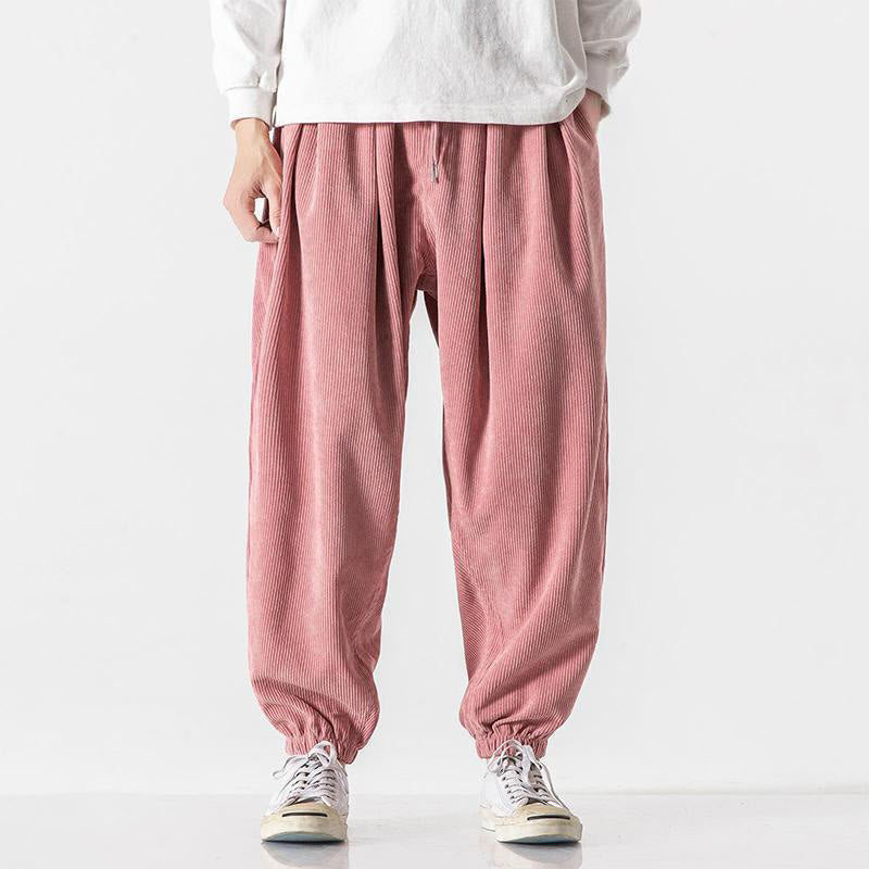 Nimara Ritual Casual Pure Color Men's Drawstring Corduroy Harem Ankle-Length Pants With Pockets