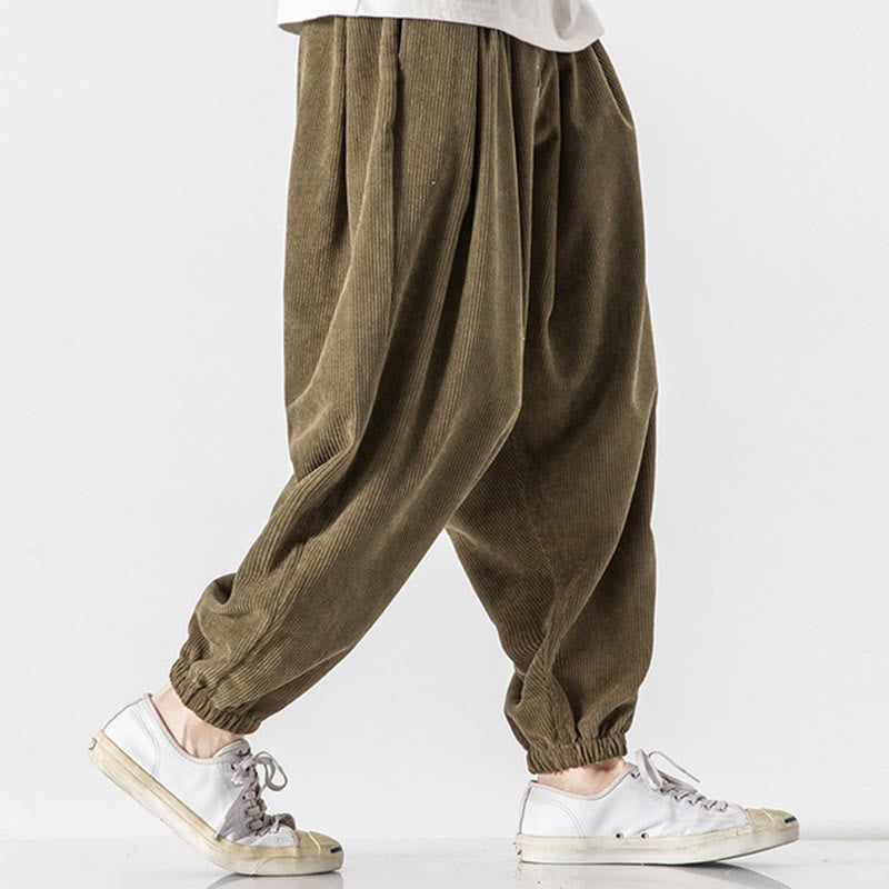 Nimara Ritual Casual Pure Color Men's Drawstring Corduroy Harem Ankle-Length Pants With Pockets