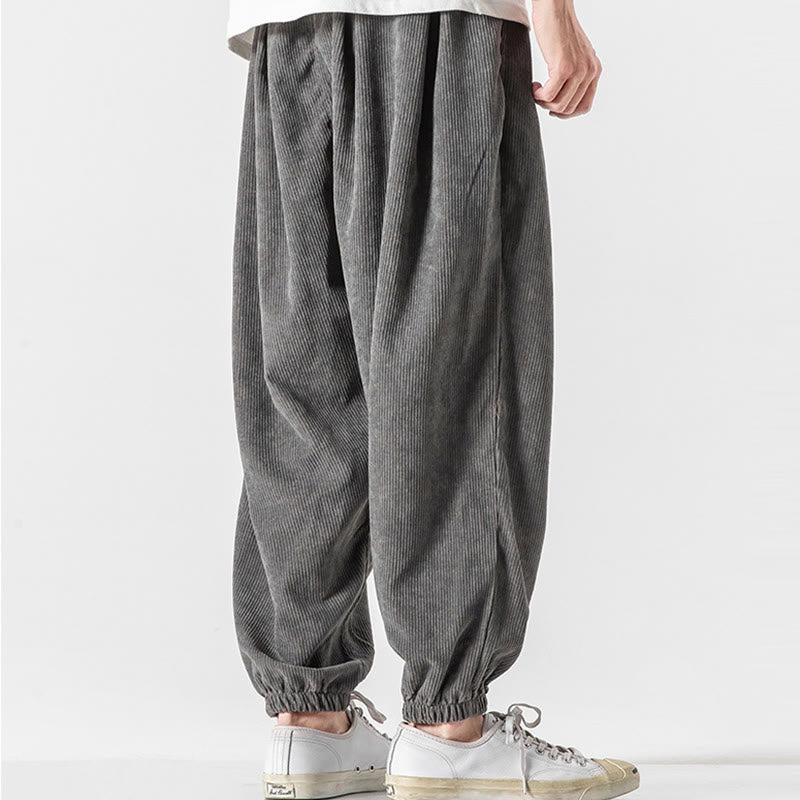 Nimara Ritual Casual Pure Color Men's Drawstring Corduroy Harem Ankle-Length Pants With Pockets