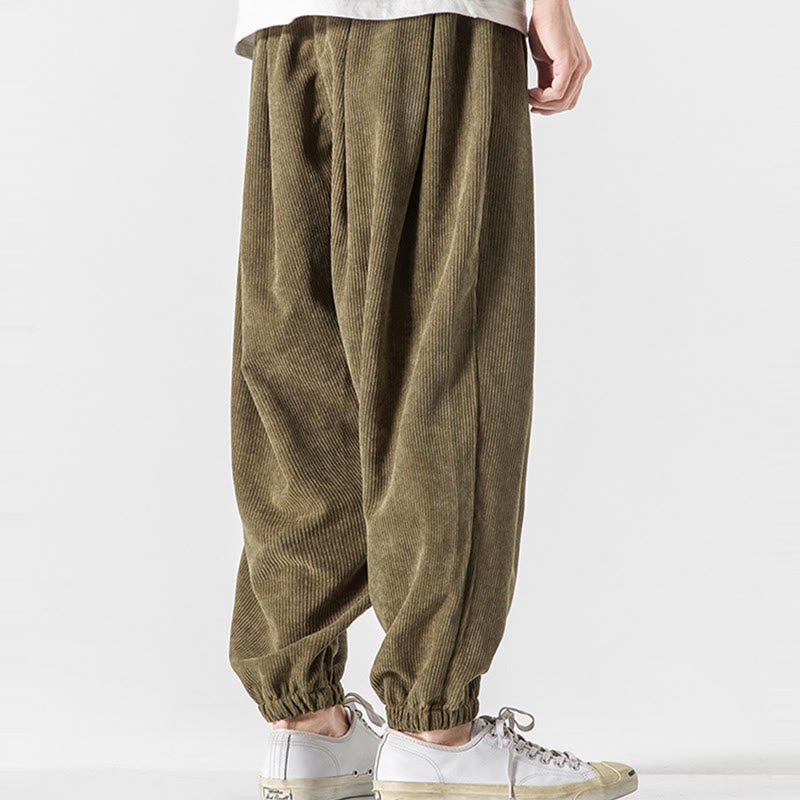 Nimara Ritual Casual Pure Color Men's Drawstring Corduroy Harem Ankle-Length Pants With Pockets