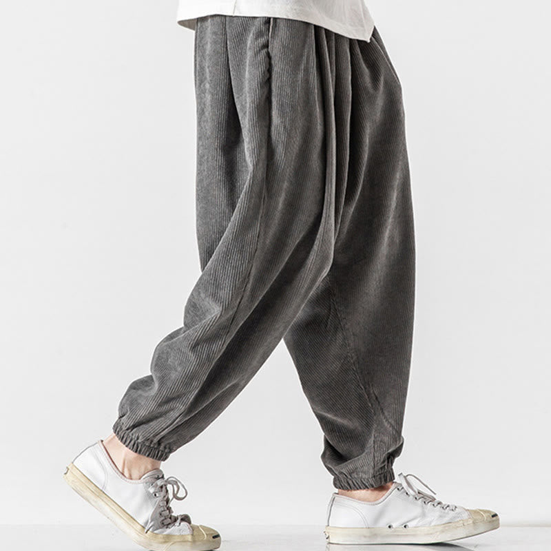 Nimara Ritual Casual Pure Color Men's Drawstring Corduroy Harem Ankle-Length Pants With Pockets
