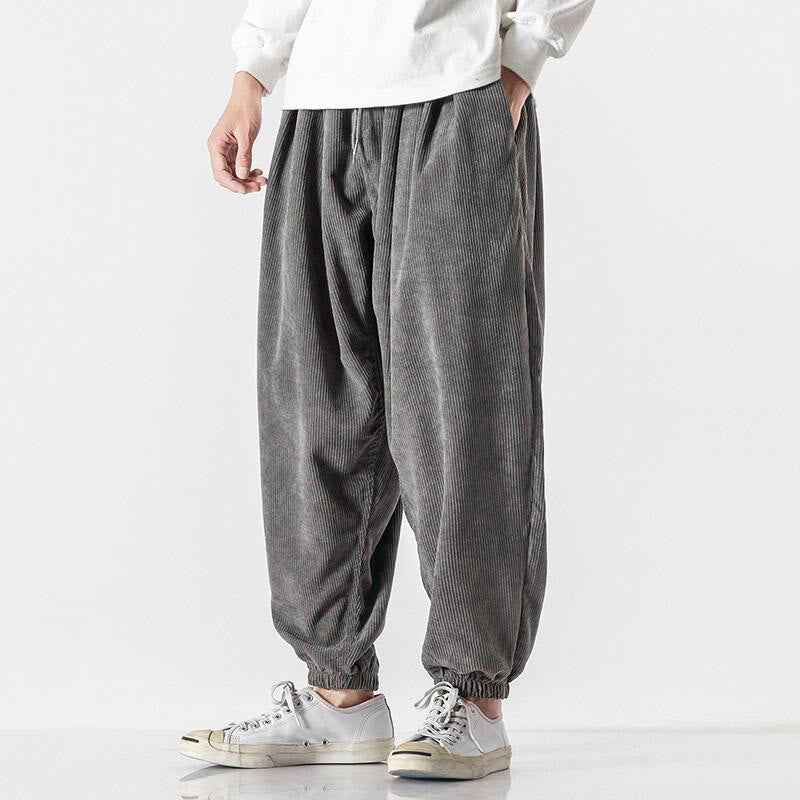 Nimara Ritual Casual Pure Color Men's Drawstring Corduroy Harem Ankle-Length Pants With Pockets