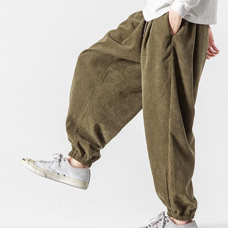 Nimara Ritual Casual Pure Color Men's Drawstring Corduroy Harem Ankle-Length Pants With Pockets