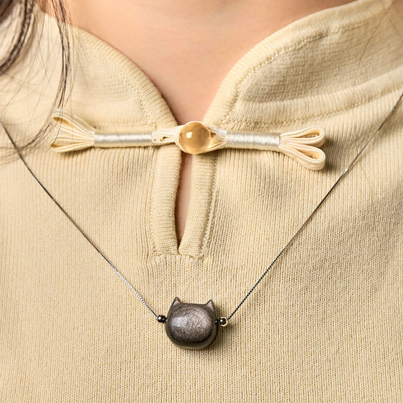 Nimara Ritual 925 Sterling Silver Natural Silver Sheen Obsidian Gold Sheen Obsidian Cat Necklace