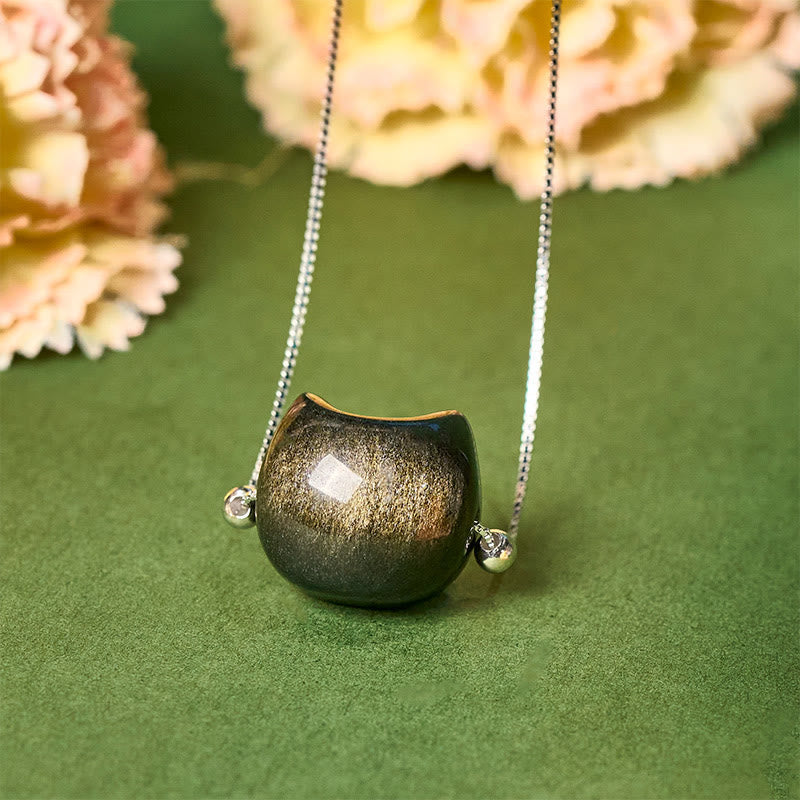 Nimara Ritual 925 Sterling Silver Natural Silver Sheen Obsidian Gold Sheen Obsidian Cat Necklace