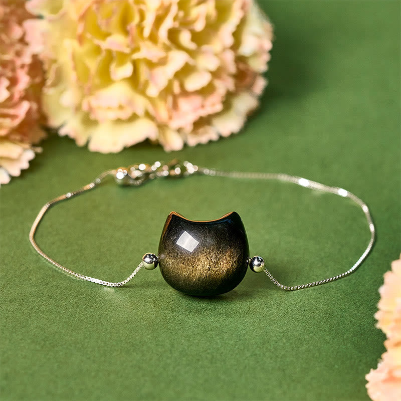 Nimara Ritual 925 Sterling Silver Silver Sheen Obsidian Gold Sheen Obsidian Cat Soothing Bracelet